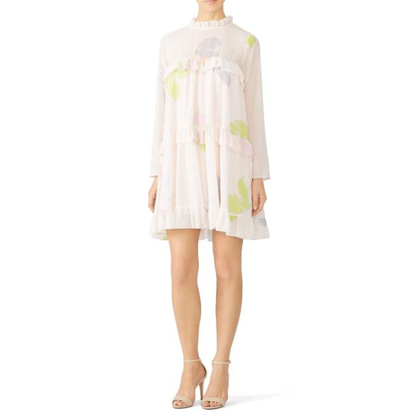 Cynthia Rowley Long Sleeve High Neck Tiered Floral Ruffle Shift Dress Pink Sze 6 - Picture 1 of 11